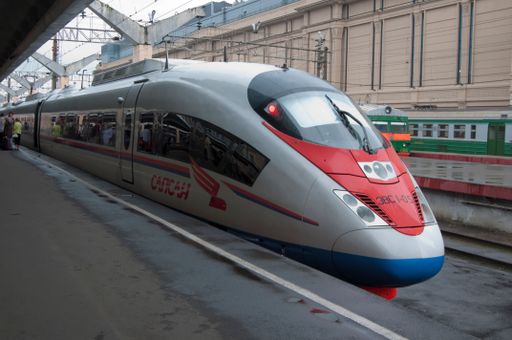 A high-speed train in a station in Saint Petersburg, Russia in daylight