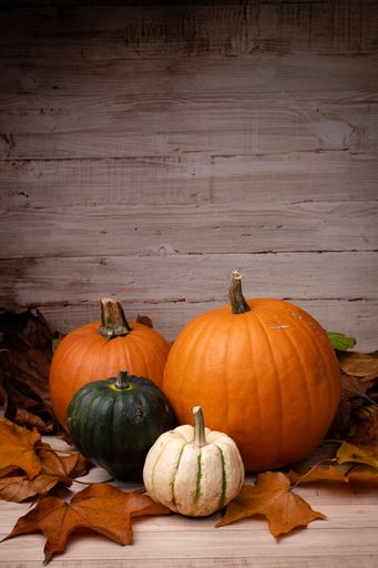 A vertical shot of pumpkins surrounded by leaves with a wooden background for Halloween