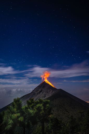 A vertical shot of fire coming out of the Fuego Volcano in Guatemala
