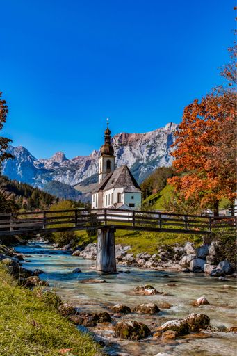 A vertical shot of Parish Church of St. Sebastian. Church in Ramsau bei Berchtesgaden, Germany.