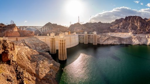 A panoramic view of Hoover Dam, summer drought