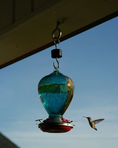 A vertical shot of a stained glass hummingbird feeder hanging from the ceiling with a hummingbird next to it
