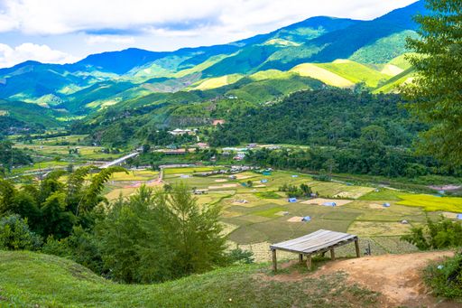 Beautiful mountain with the light shade at noon and can see the view by sitting at the chair which locates in Sapun village, Nan, Thailan