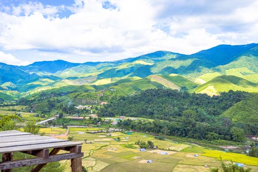 Beautiful mountain with the light shade at noon and can see the view by sitting at the chair which locates in Sapun village, Nan, Thailan