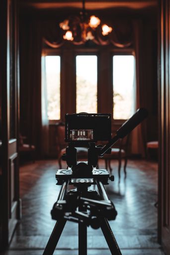 A vertical shot of a camera on a tripod in the room