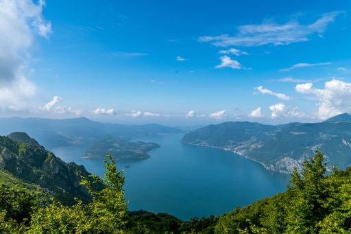 An aerial shot of the beautiful Lake Iseo in the top of mount Corna Trentapassi, Northern Italy