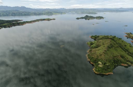 An aerial landscape shot of the Lacandon Jungles surrounded by lakes in Chiapas, Mexico