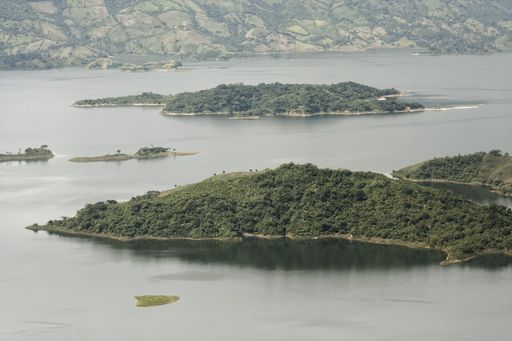 An aerial landscape shot of the Lacandon Jungles surrounded by lakes in Chiapas, Mexico