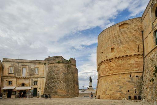 The towers and walls of an Aragonese castle that defended the city of Otranto from pirate attack.