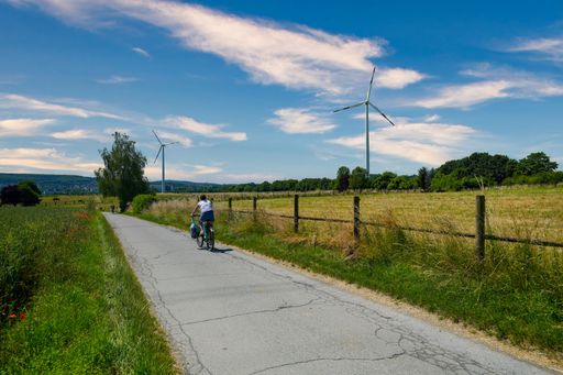 A child on a bicycle on a narrow road near the field with wind turbines on a sunny day