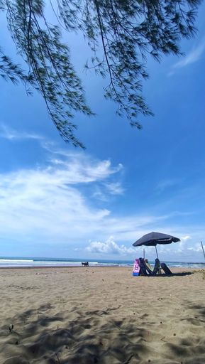 A vertical shot an umbrella on a sandy beach against the sea on a sunny day in Pangandaran, Indonesia