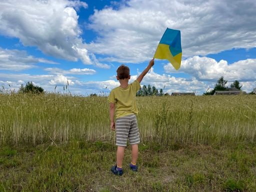 A rear view of a boy holding Ukrainian flag