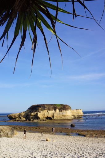 A vertical shot of a beautiful rock near the water on a sunny day