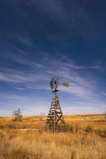 An old wooden windmill in the middle of Pronghorn Natural Wilderness area