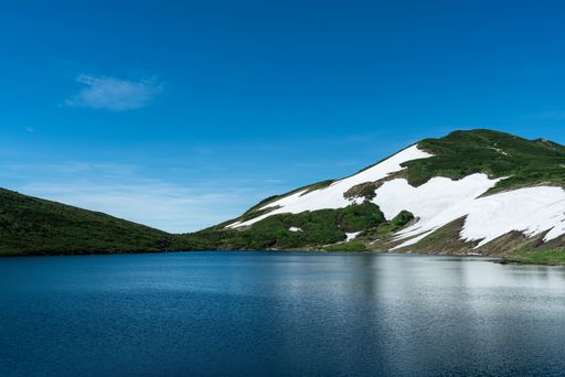 A beautiful shot of snowy and forested mountain near the water with a blue sky in the background
