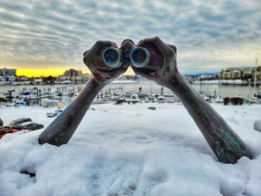 A snow-covered hands and binoculars statue on cloudy sunset sky background