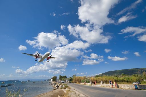spectacular plane landing at the beautiful airport of Skiathos