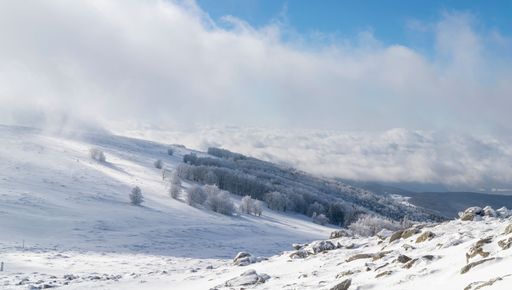 A scenic view of a distant fog covering the forests seen from the top of a snowy mountain