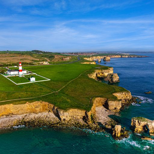 An aerial view of Souter Lighthouse and Sinkhole located near Whitburn and Sunderland on the North East Coast of England