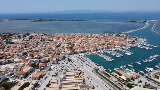 An aerial shot of a Lefkada city by a drone