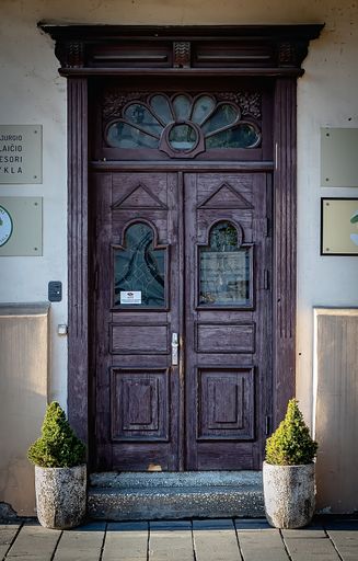 A wooden entrance door of a building