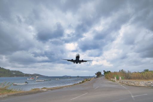 An airplane departing from the Skiathos island Airport, Greece