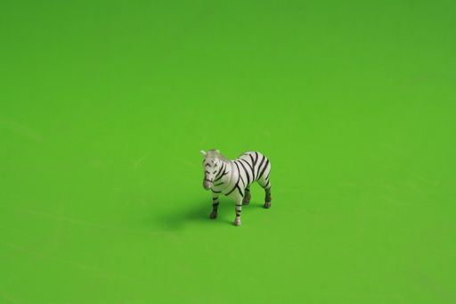 A closeup shot of a rubber toy zebra isolated on a green background