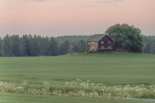 The brown wooden cottage house in the countryside of Sweden with trees in the background