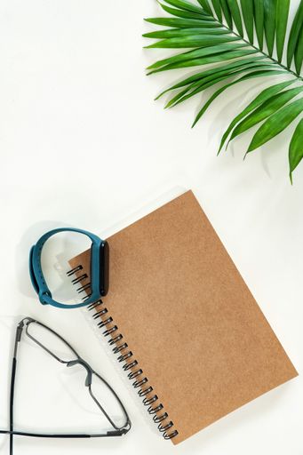 A Top view of notebook, eyeglasses,watch and plant on white table.