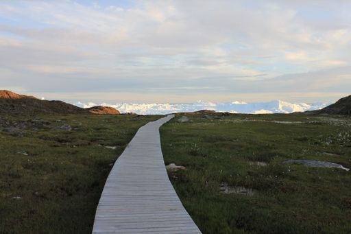 A wooden walkway with icebergs floating in ocean in the background in Ilulissat, Greenland