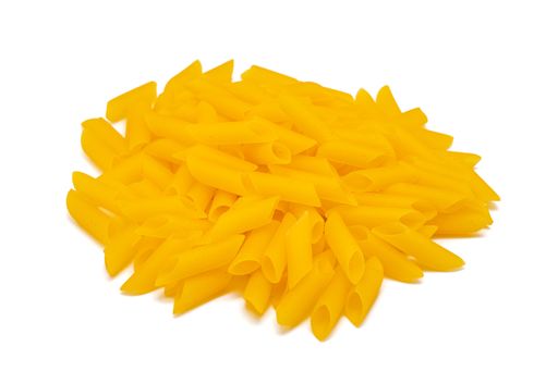 Heap of gluten free macaroni made from a mixture of rice and corn isolated on white background. High angle view.