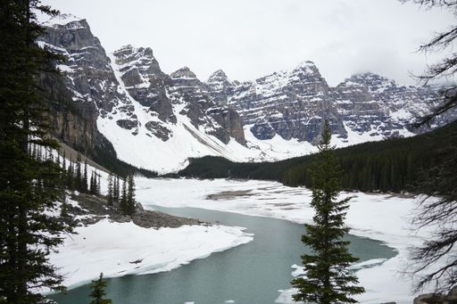 Green forest and rocky, snow-capped mountains reflected in Lake Moraine in Banff National Park, Alberta, Canada