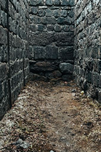 A vertical shot of a gray stone dead end path