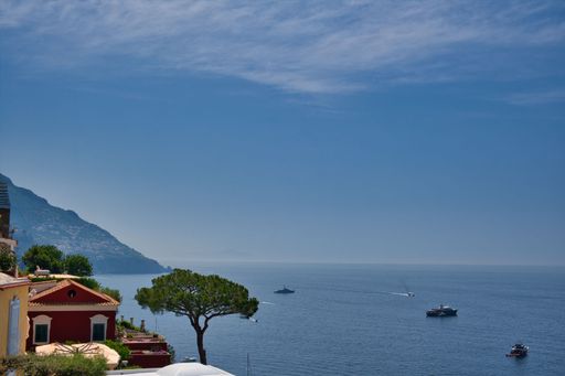 An aerial view of the calm waters near Positano, Italy