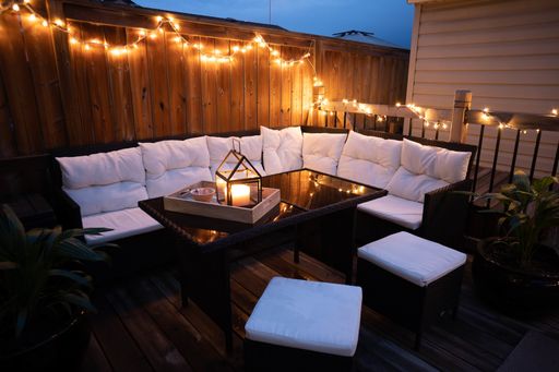 A beautiful design of terrace lounge decorated with lights