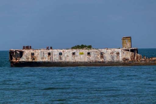 A side view of a shipwreck in the Kiptopeke State Park in the sea