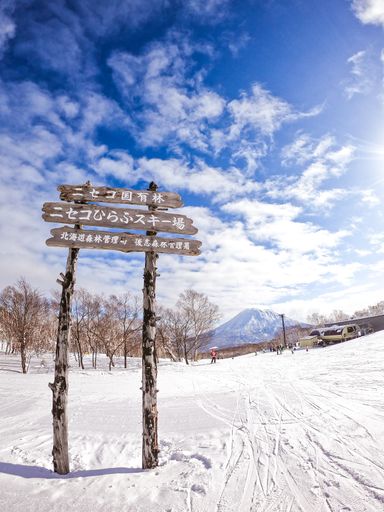 A vertical shot of a wooden sign at Niseko ski resort on the northern Japanese island of Hokkaido