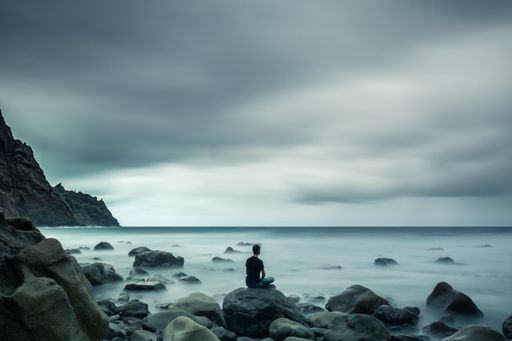 A beautiful shot of a male sitting on rock near the sea and large cliffs under a cloudy sky
