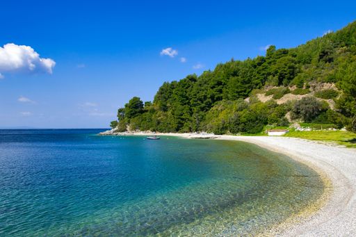 An aerial view of the beautiful calm shore of Skopelos island, Greece