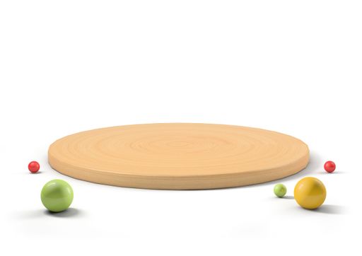 A round wooden board different colors and sizes balls isolated on a white background