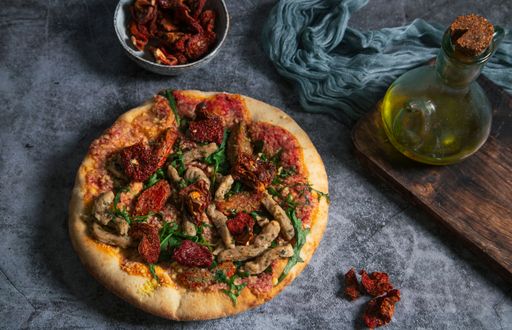 An overhead shot of a delicious vegan pizza