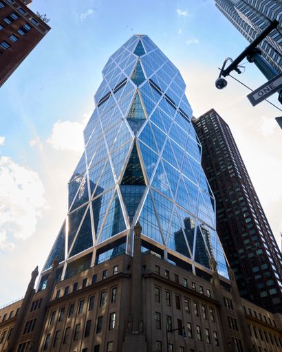 A low angle of Hearst Tower in Manhattan in New York City