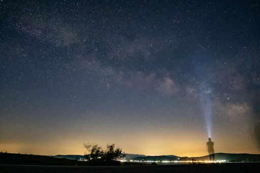 A mesmerizing scene of a man pointing a flashlight towards the night sky with the Milky Way visible