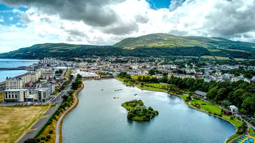 An aerial shot of the beautiful coastal town of Ramsey, Isle of Man