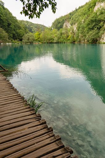 A vertical shot of a wooden path near a reflective lake surrounded by lush greenery in the Plitvice Lakes National Park