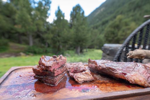 The tasty cooked barbecue meat slices on a wooden board in the garden