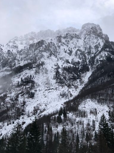 A vertical shot of a peak of a snowy mountain