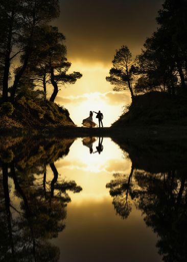 A vertical shot of the silhouette of a dancing couple on the shore of Lake Mpeletsi at sunset