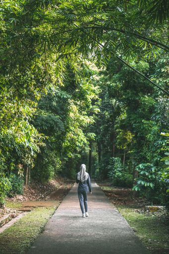 A vertical back view of a female walking through an alley in a park