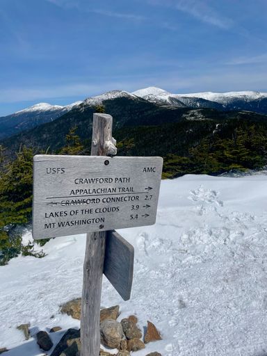A vertical shot of a sign with snowy mountains in the background